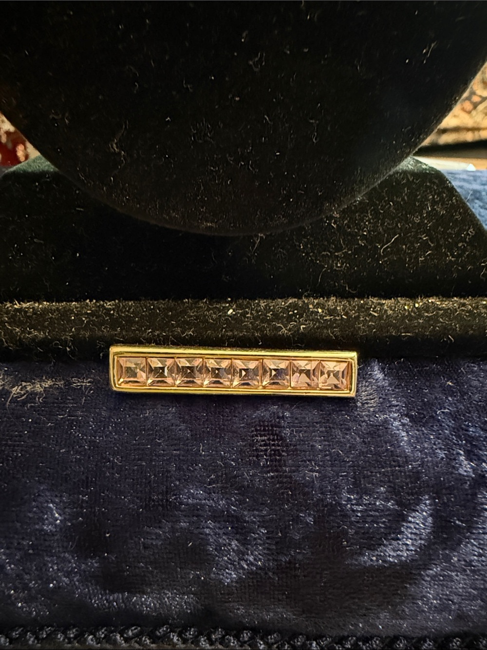 Vintage Swarovski, gold tone and plated bar pin with purple stones